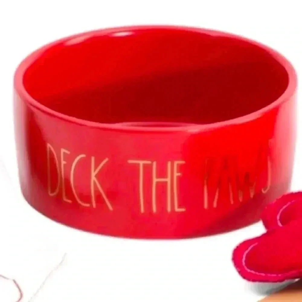 NEW 4 Pc SET - DECK THE PAWS - RED Pet Bowl, Bandana, & 2 squeaky Bone Toys